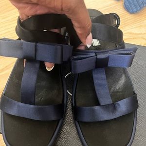 Prada Navy Blue and Black Satin Bow Flat Sandal